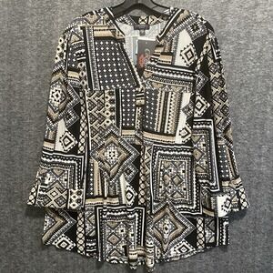 NEW‎ Cocomo Woman Top 2X Artsy Patchwork Studded Pintuck Stretch Popover Tunic